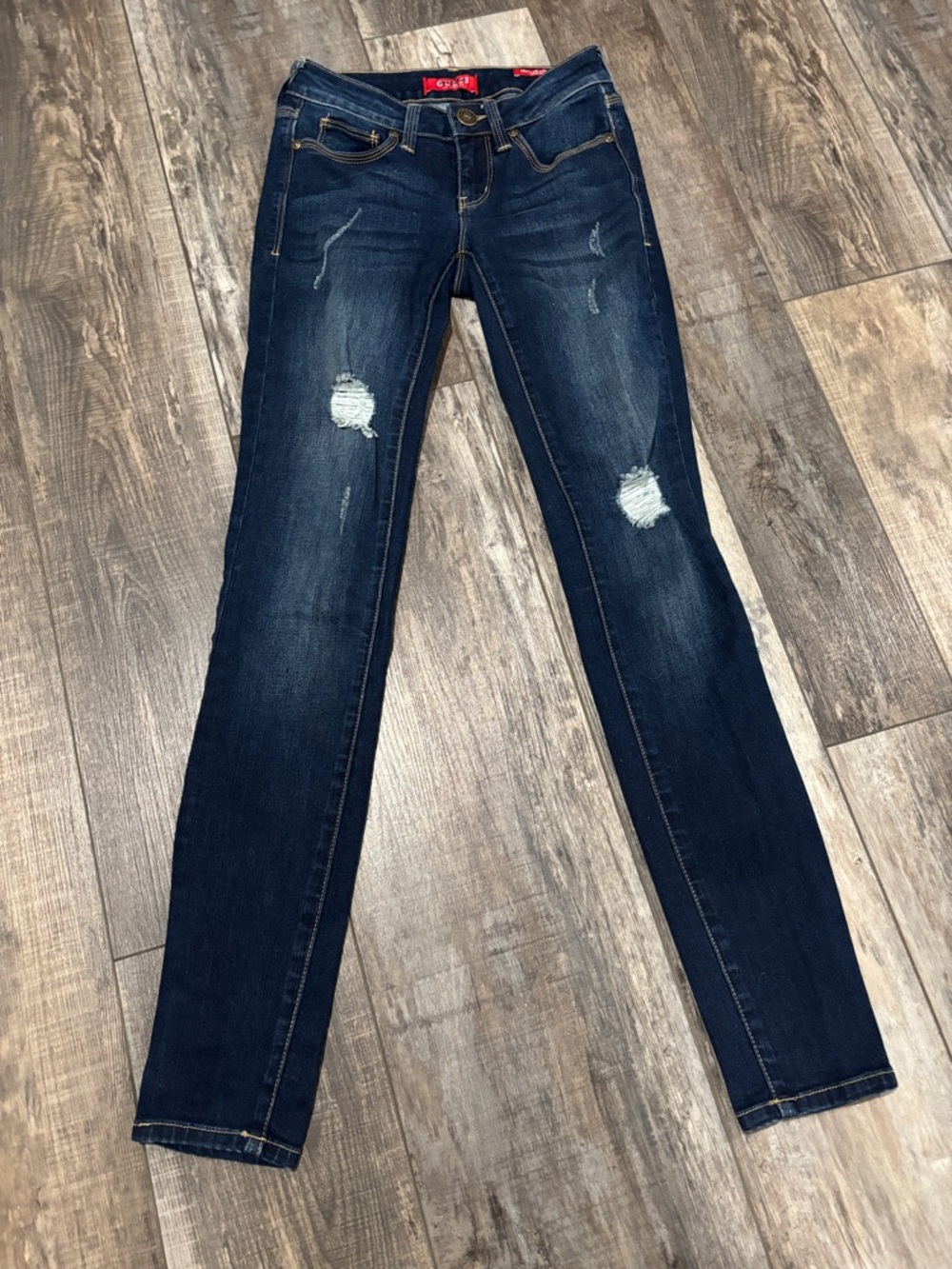 Guess Dark Blue Skinny Jeans with Distressed Knees